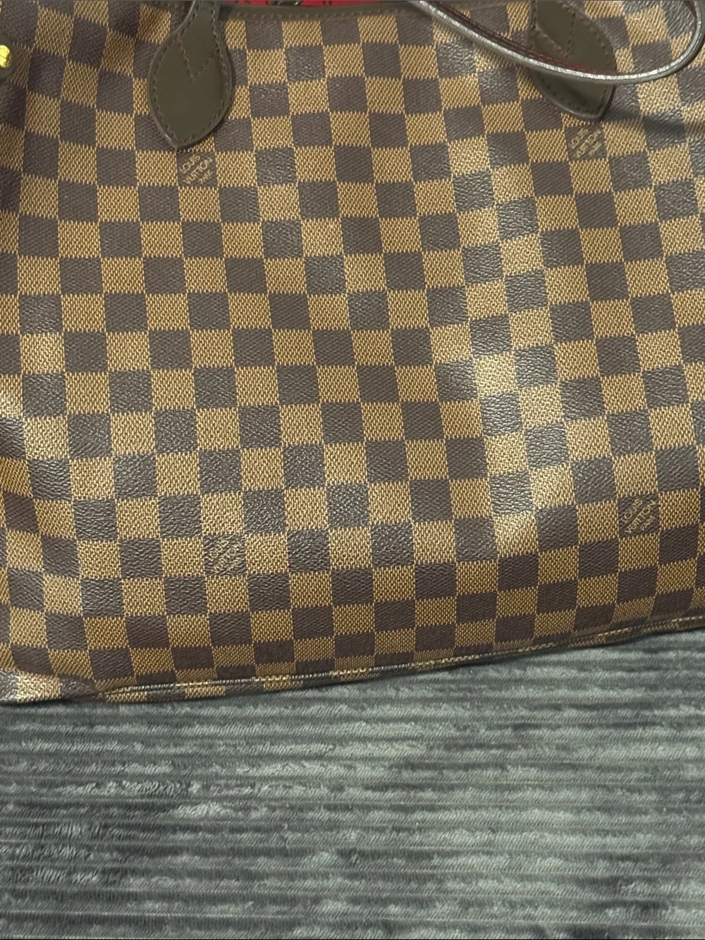 Brown Checkered Tote Bag with Red Interior